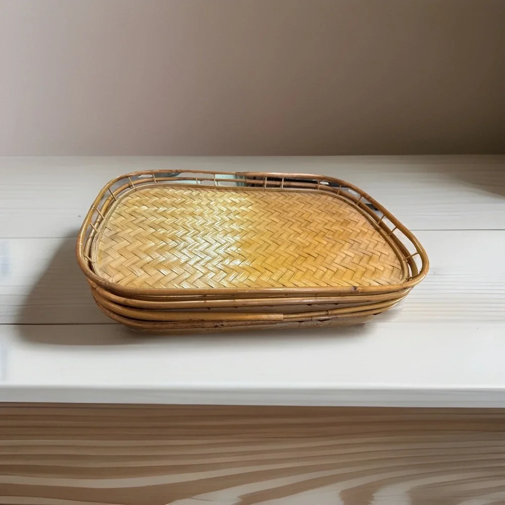 Vintage Set‎ 4 Bamboo Rattan Serving Trays Stacking Woven Wicker Tiki Large 19